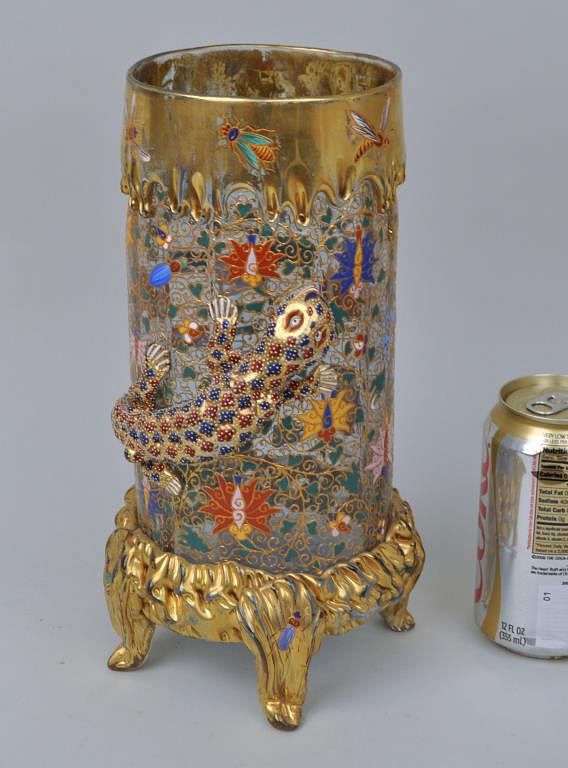 Appraisal: Moser Gilt Polychrome Decorated Footed Vase with applied lizard enamel