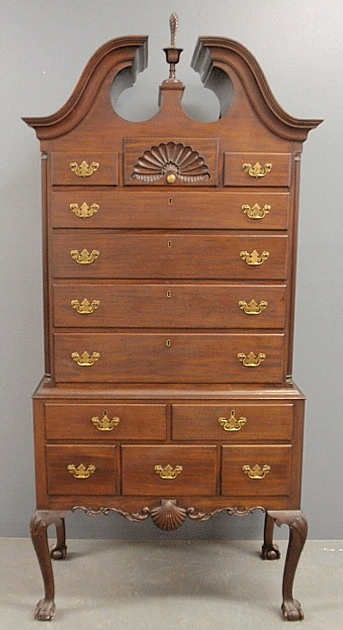 Appraisal: - Chippendale style mahogany two-part highboy with broken arch bonnet