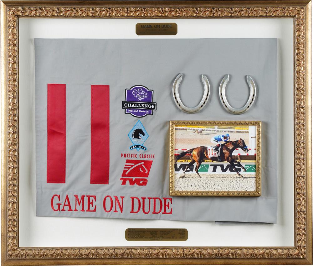 Appraisal: HORSE RACING FRAMED DISPLAYcomprising a pair of horse shoes racing