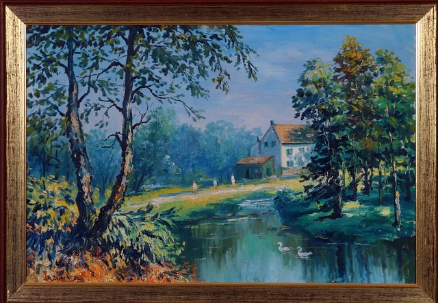 Appraisal: Landscape with pond and figures walking two ducks in pond