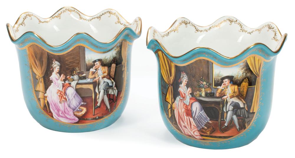 Appraisal: Pair of Sevres-Style Polychrome and Gilt Porcelain Cachepots spurious marks