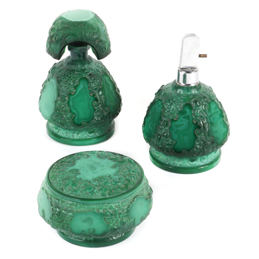 Appraisal: ANTIQUE CZECH ART DECO MALACHITE GLASS PC DRESSER SET PERFUME