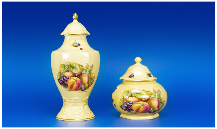 Appraisal: Two Aynsley Fruit Decorated Items comprising Hexagonal Cover Vase marked