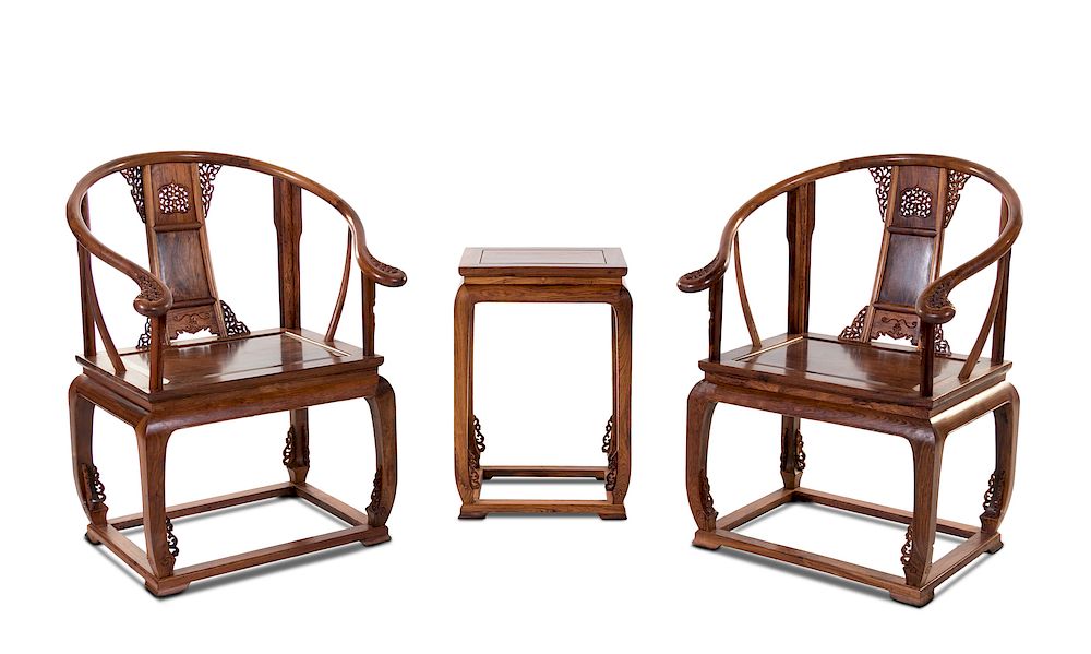 Appraisal: A Set of Two Huanghuali Armchairs and One Side Table