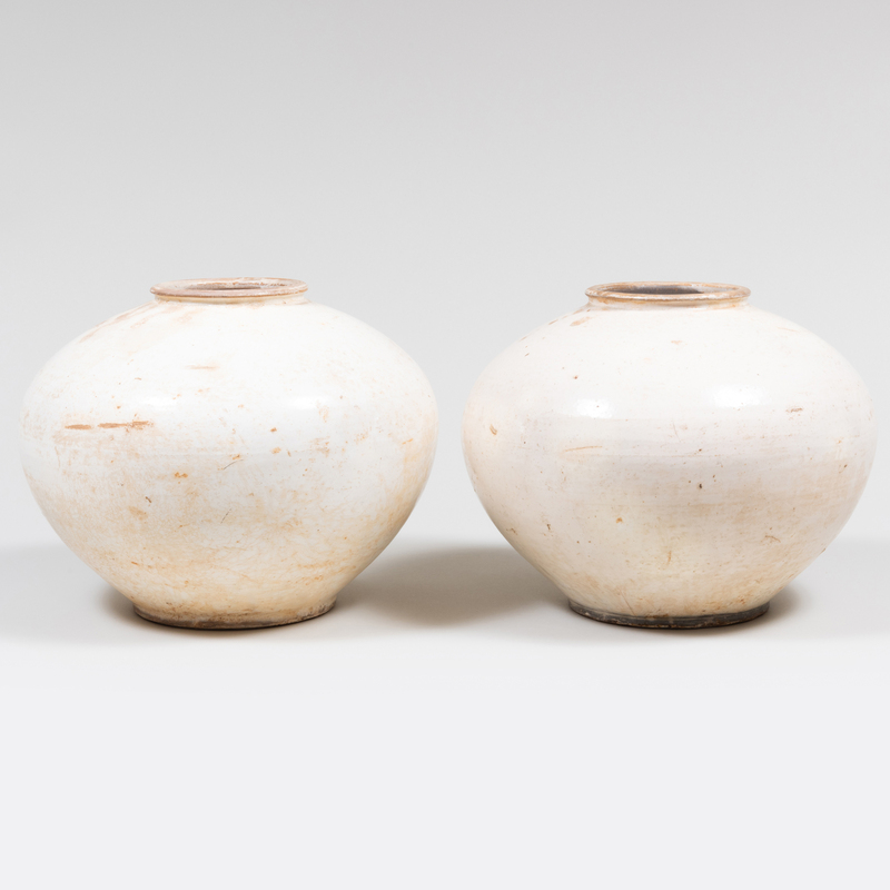 Appraisal: Pair of Chinese Earthenware Cream Glazed Globular Vases Unmarked x