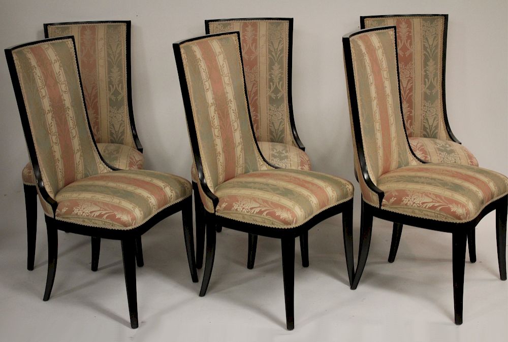 Appraisal: Set of Dining Chairs with Ebonized Frames Damask upholstery h