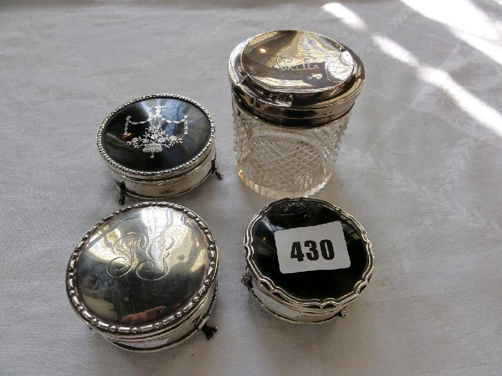 Appraisal: A collection of three silver trinket boxes two with tortoiseshell