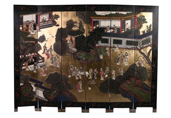 Appraisal: CHINESE COROMANDEL SIX-FOLD SCREEN Carved with court scene decoration on