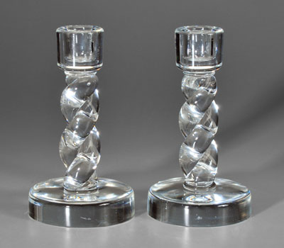 Appraisal: Pair Steuben clear glass candlesticks twisted ribbon within stems each