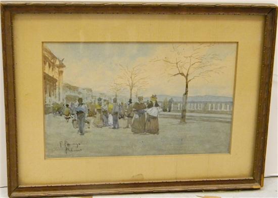 Appraisal: th C watercolor figures in Victorian dress walking on promenade