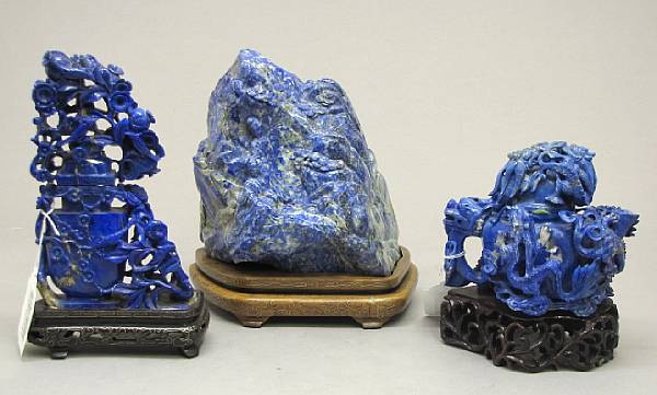 Appraisal: Three Chinese lapis lazuli and sodalite carvings Comprising a scholar's