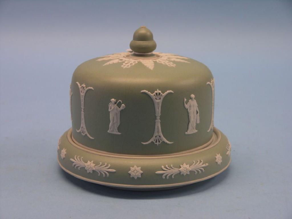 Appraisal: A Wedgwood-type green jasper stilton dish and cover applied with