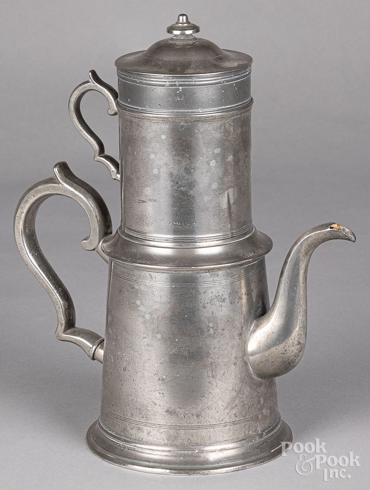 Appraisal: Rare pewter biggin teapot with strainer Rare pewter biggin teapot