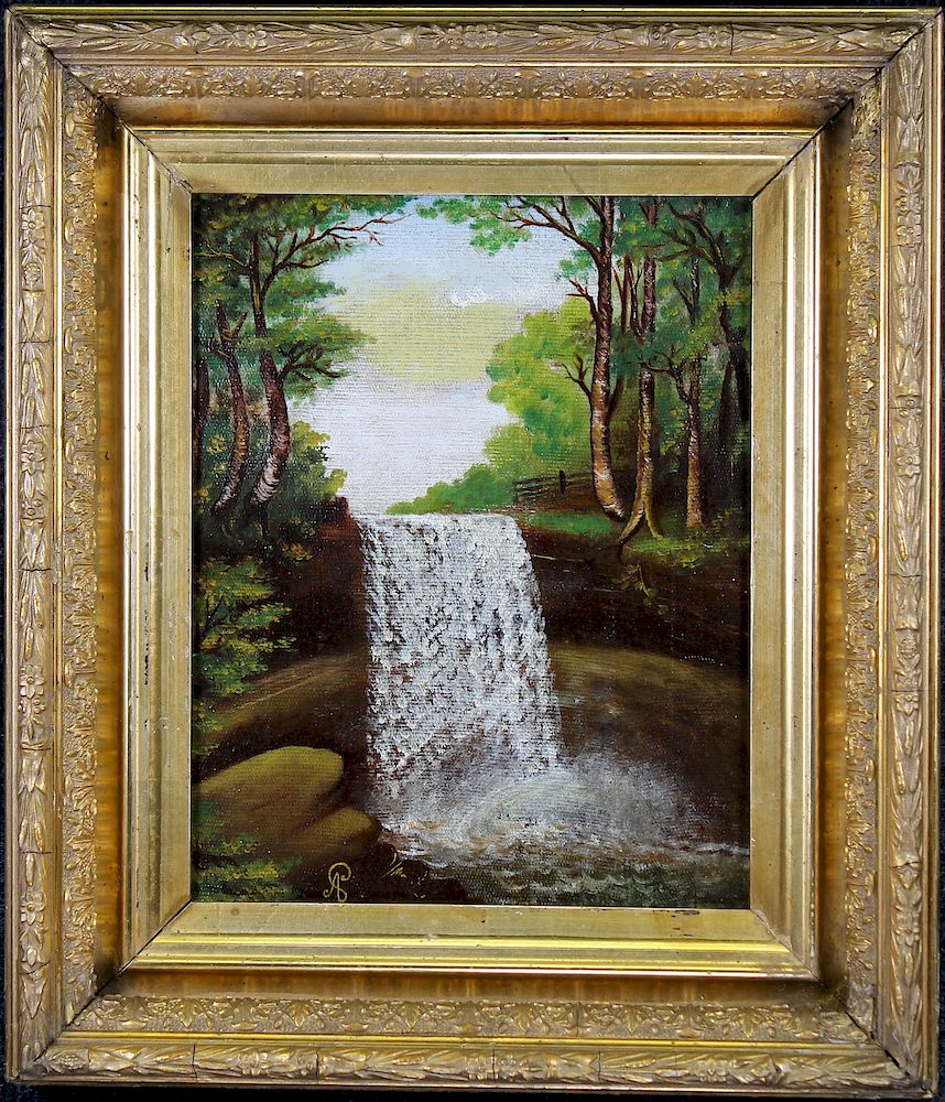 Appraisal: American School Monogrammed Waterfall Scene American School Monogrammed Waterfall Scene