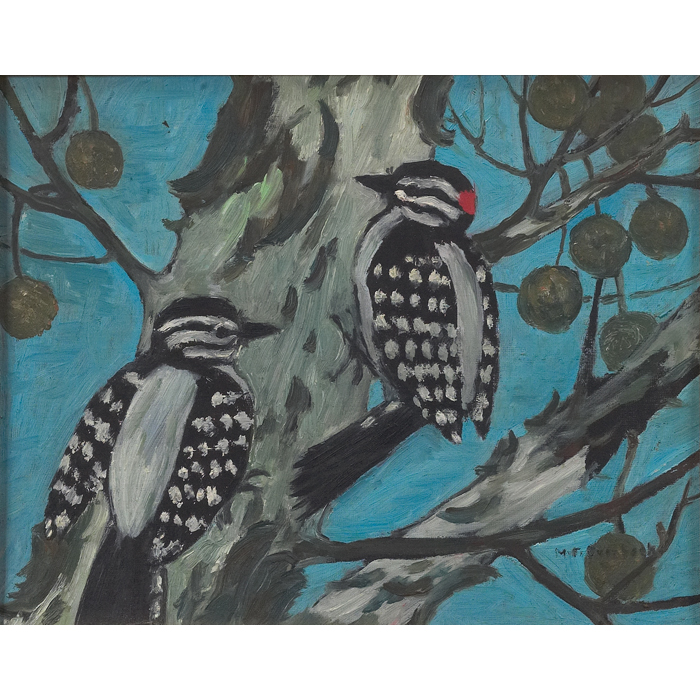 Appraisal: Mary Frances Overbeck American - Woodpeckers c oil on canvas