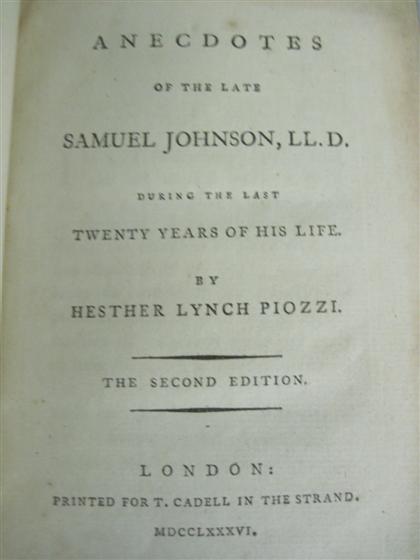 Appraisal: vols Dr Johnson Piazzi Hesther Lynch Anecdotes of the Late