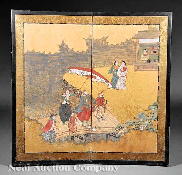 Appraisal: Two Japanese Nambam Table Screens probably th c ink and