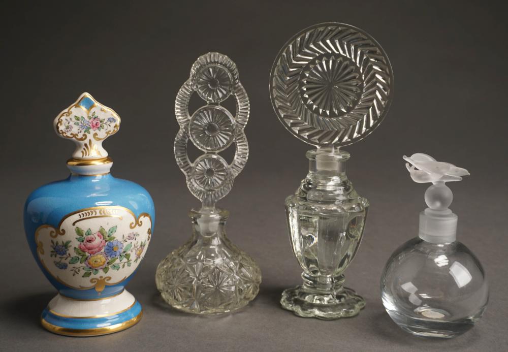 Appraisal: THREE GLASS AND ONE PORCELAIN PERFUMESThree Glass and One Porcelain