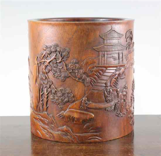 Appraisal: A Chinese huanghuali cylindrical brush pot Bitong th century carved