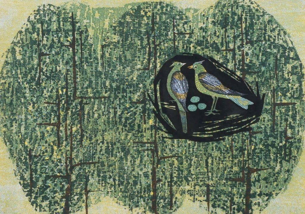 Appraisal: Tamami Shima Japanese - Birds in a nest color woodblock