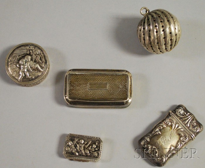 Appraisal: Five Small Silver Boxes and Tea Items a silver tea