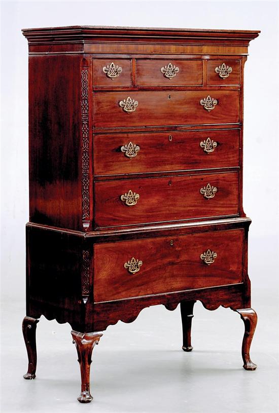 Appraisal: George III carved mahogany chest-on-stand circa molded crown over case