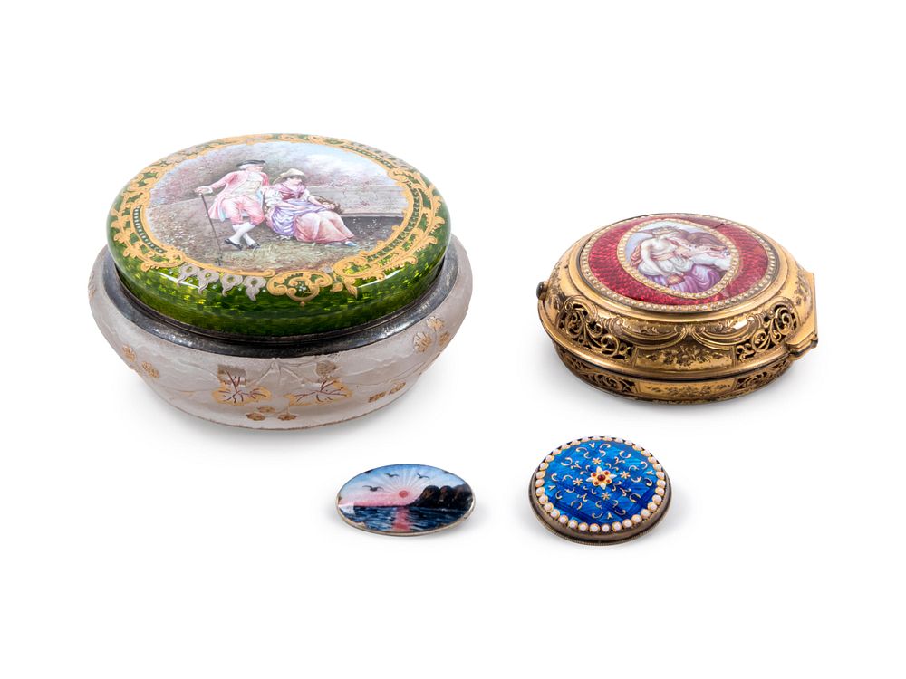 Appraisal: Four Continental Enamel Decorated Table Articles Four Continental Enamel Decorated