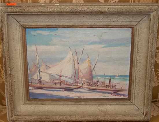 Appraisal: American school th century Boats on the Shore oil on