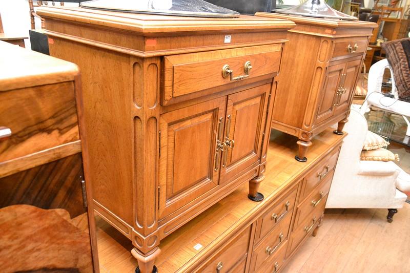 Appraisal: PAIR OF BEDSIDE CABINETS AND A CANE INSET BED HEAD