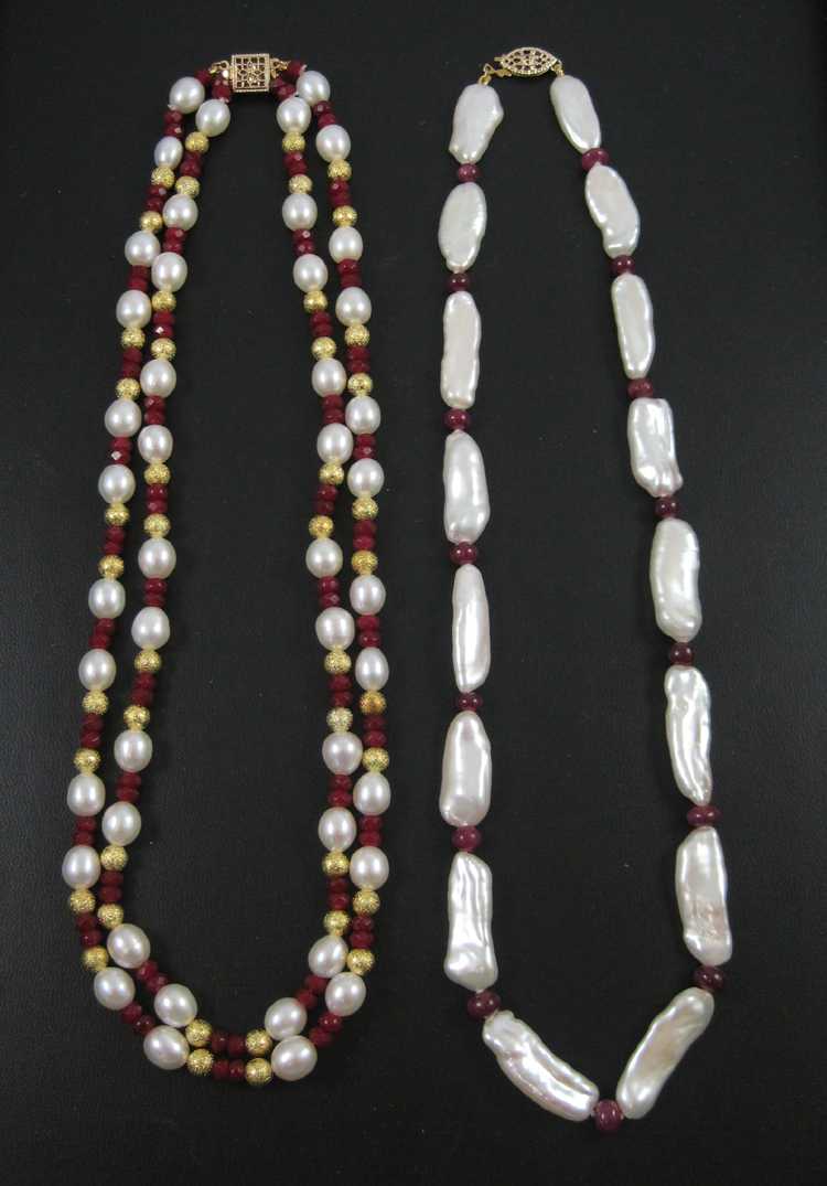 Appraisal: TWO PRINCESS LENGTH PEARL AND RUBY NECKLACES including a inch