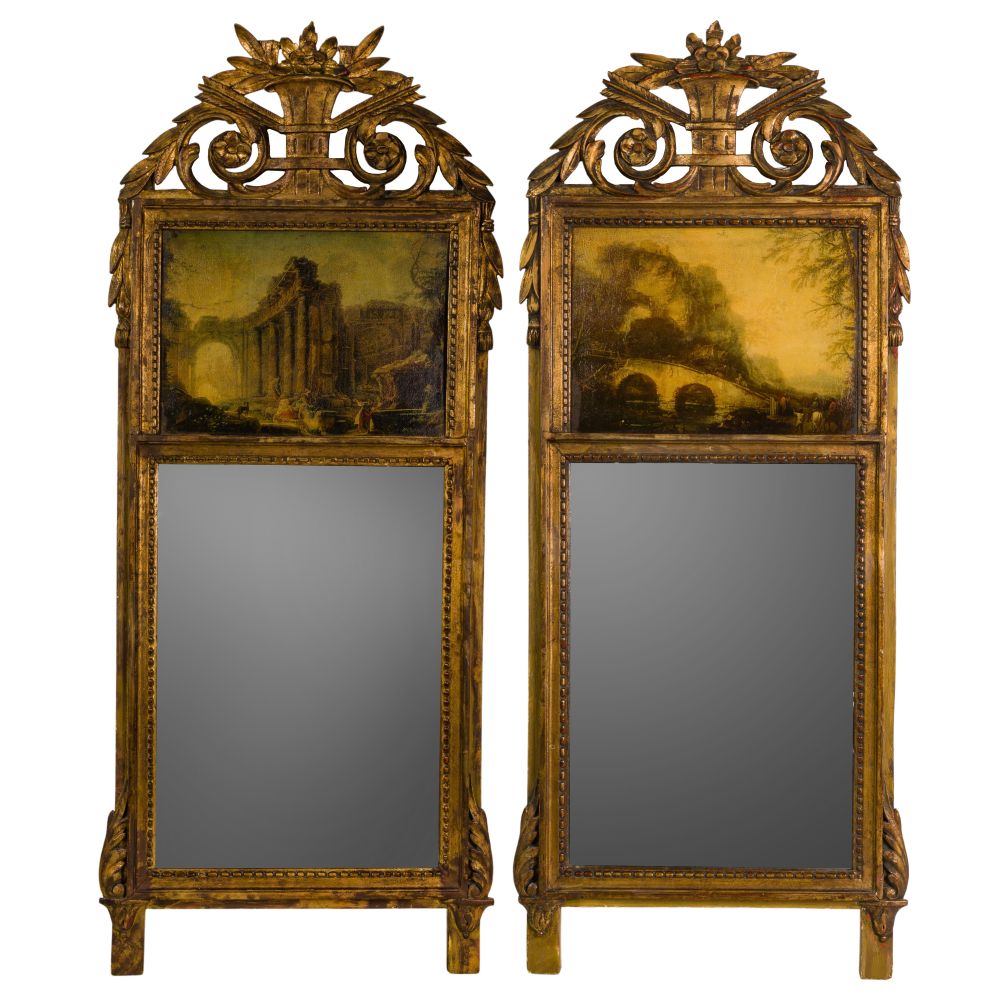 Appraisal: TRUMEAU MIRRORSPair of mirrors having paintings in the upper third