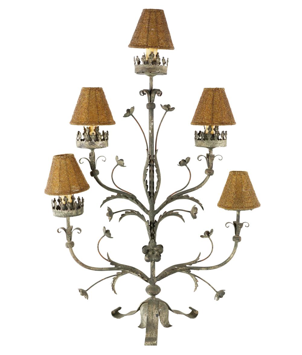 Appraisal: WROUGHT-IRON FIVE-LIGHT CANDELABRUMwith beaded shades Condition heavy oxidation inches wide