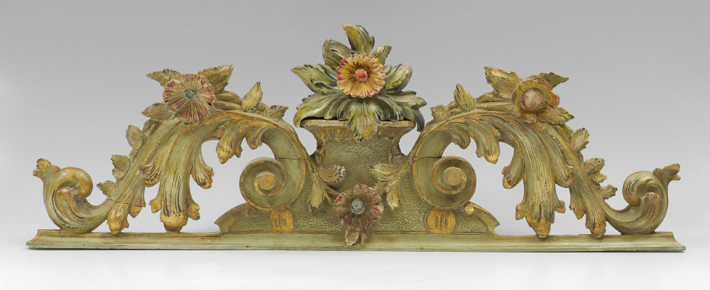 Appraisal: PAINT DECORATED CARVED WOOD PEDIMENT Polychrome floral and foliate motif