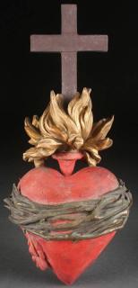 Appraisal: CARVED GILT WOOD SACRED HEART AN INTERESTING CARVED POLYCHROME AND