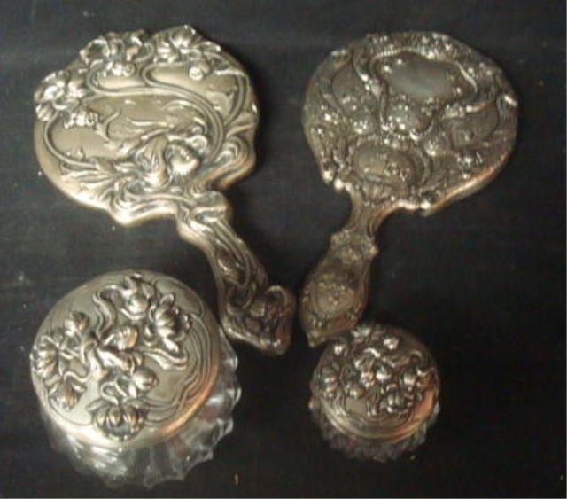 Appraisal: Sterling Vanity Pieces mirrors and lidded glass bowls From a