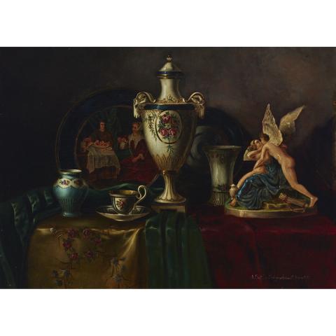 Appraisal: Anna Sattler-Seigerschmidt - STILL LIFE WITH PORCELAIN ON A DRAPED