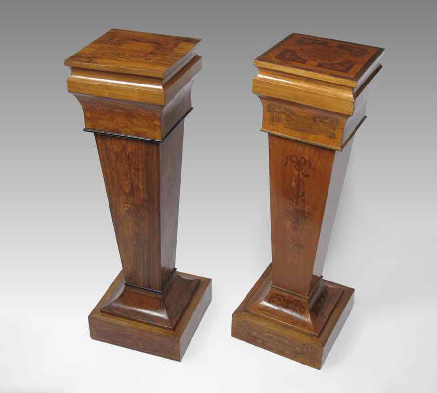 Appraisal: PAIR ITALIAN MARQUETRY INLAID WOODEN PEDESTALS Inlaid with floral ribbon