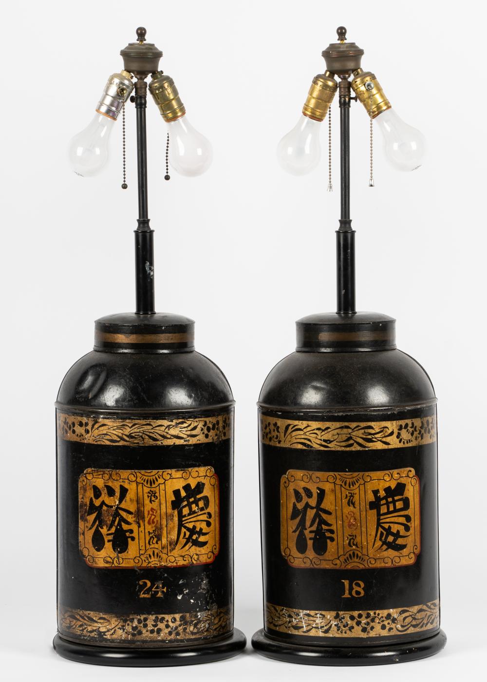 Appraisal: PAIR OF CHINESE PAINTED TOLE TEA CANISTERSmounted as table lamps