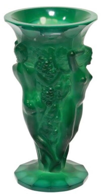 Appraisal: Bohemian Art Deco molded malachite-green glass vase attributed to Frantisek