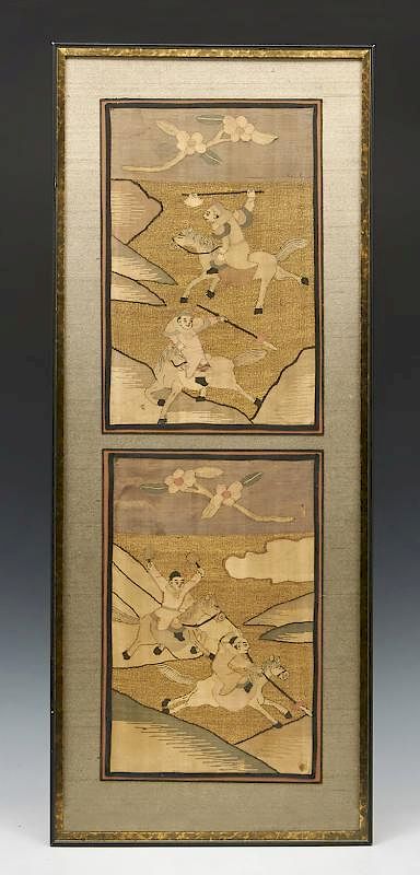 Appraisal: Pair of Chinese embroidered panels in gold thread framed Pair