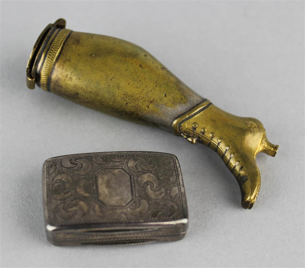 Appraisal: ENGLISH STERLING VINAIGRETTE AND A BRASS BOOT SNUFF BOX Provenance