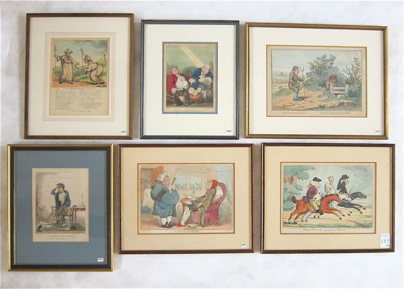 Appraisal: SIX BRITISH HAND COLORED ETCHINGS Three Friends Going on a