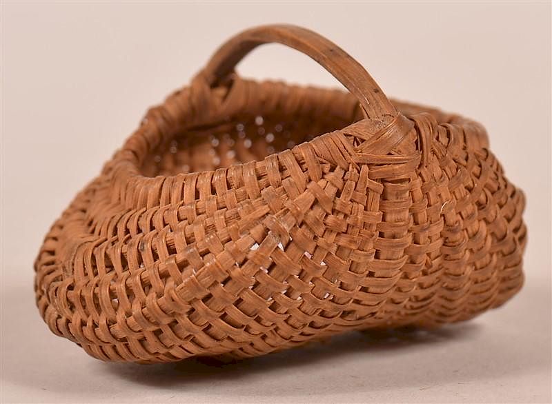 Appraisal: Miniature White Oak Splint Ribbed Basket Finely Woven Antique Miniature