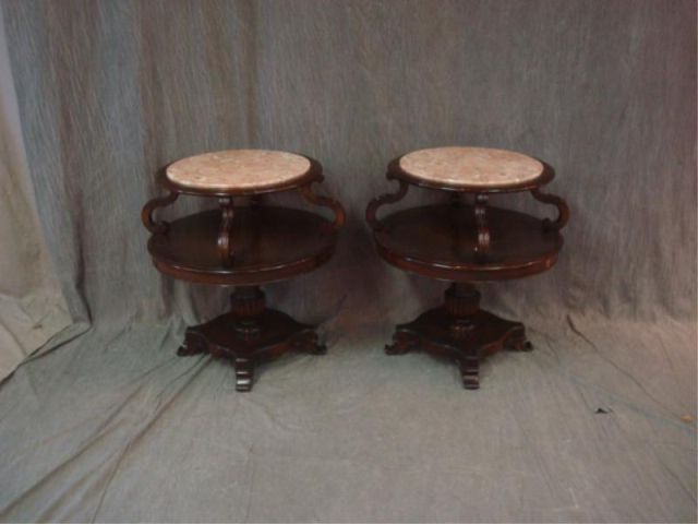 Appraisal: Pair Marbletop -Tier Round End Tables From a Brooklyn NY