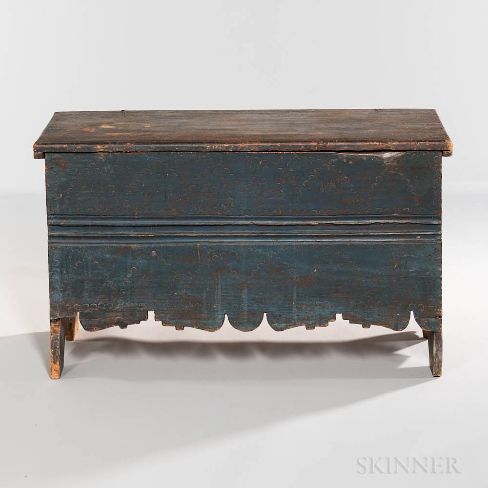 Appraisal: Dark Blue green-painted Punch-carved Crease-molded Pine Chest Dark Blue green-painted