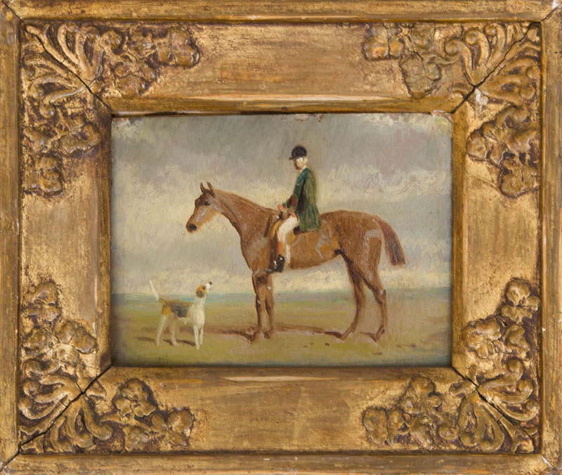 Appraisal: ENGLISH SCHOOL HORSE AND RIDER Oil on paperboard unsigned with