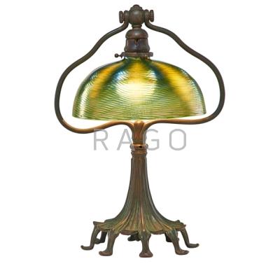 Appraisal: TIFFANY STUDIOS DESK LAMP Damascene shade adjustable harp lamp base