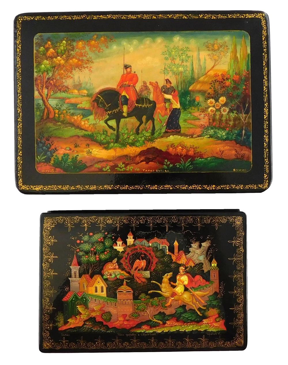 Appraisal: Russian hand-painted lacquer boxes group of two finely painted featuring