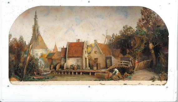 Appraisal: INTERESTING FOLK ART SEMICIRCULAR DUTCH PORT SCENE DIORAMA Painted backdrop