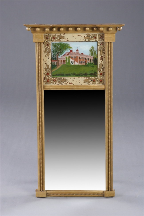 Appraisal: AMERICAN EMPIRE STYLE REVERSE-PAINTED MIRROR th century Projecting ball-hung cornice